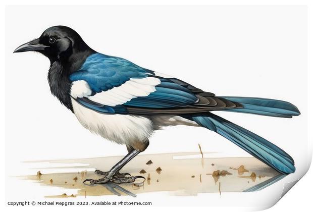 Watercolor painted magpie on a white background. Print by Michael Piepgras