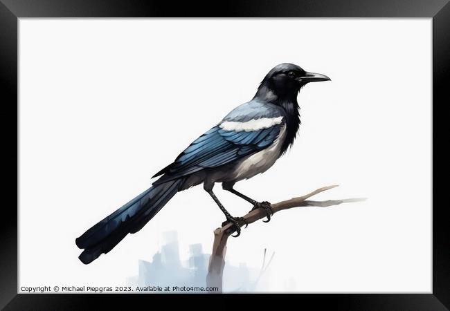 Watercolor painted magpie on a white background. Framed Print by Michael Piepgras