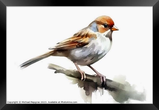 Watercolor painted field sparrow on a white background. Framed Print by Michael Piepgras