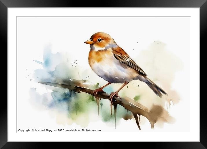 Watercolor painted field sparrow on a white background. Framed Mounted Print by Michael Piepgras
