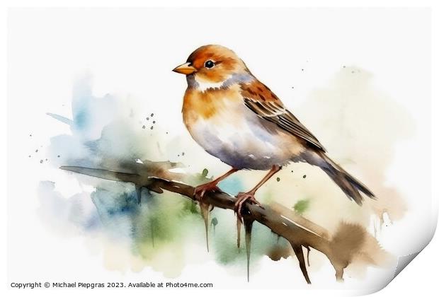 Watercolor painted field sparrow on a white background. Print by Michael Piepgras