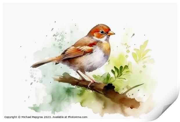 Watercolor painted field sparrow on a white background. Print by Michael Piepgras