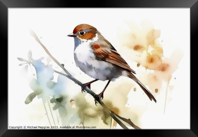 Watercolor painted field sparrow on a white background. Framed Print by Michael Piepgras