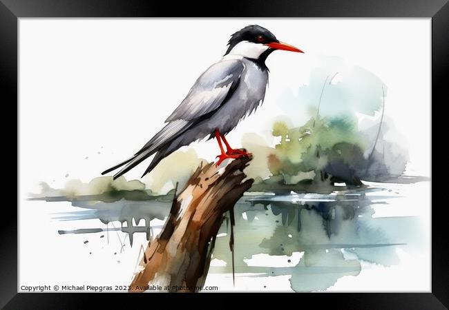 Watercolor painted common tern on a white background. Framed Print by Michael Piepgras