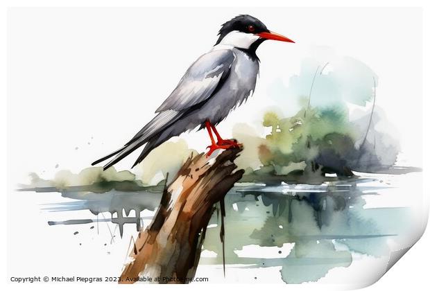 Watercolor painted common tern on a white background. Print by Michael Piepgras