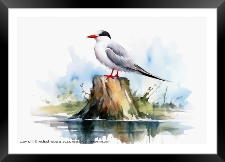 Watercolor painted common tern on a white background. Framed Mounted Print by Michael Piepgras