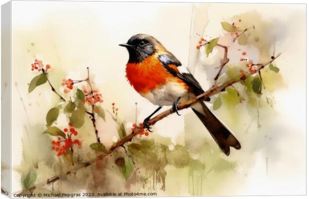 Watercolor painted garden redstart on a white background. Canvas Print by Michael Piepgras