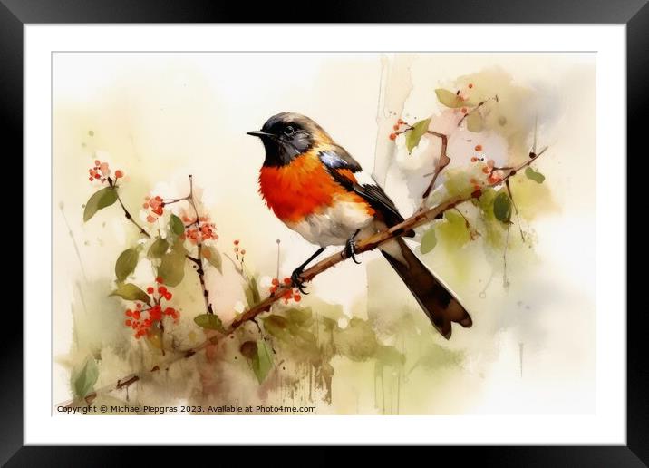 Watercolor painted garden redstart on a white background. Framed Mounted Print by Michael Piepgras