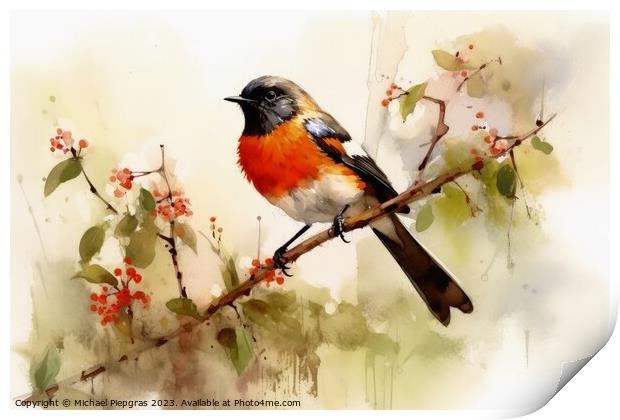 Watercolor painted garden redstart on a white background. Print by Michael Piepgras
