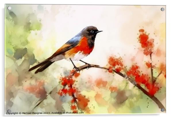 Watercolor painted garden redstart on a white background. Acrylic by Michael Piepgras