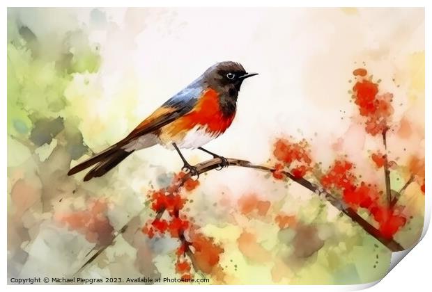 Watercolor painted garden redstart on a white background. Print by Michael Piepgras