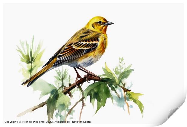 Watercolor painted yellowhammer on a white background. Print by Michael Piepgras