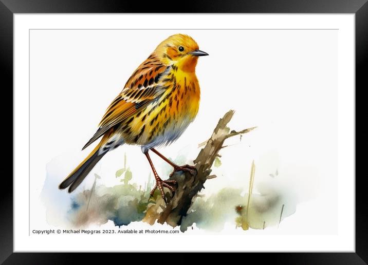 Watercolor painted yellowhammer on a white background. Framed Mounted Print by Michael Piepgras