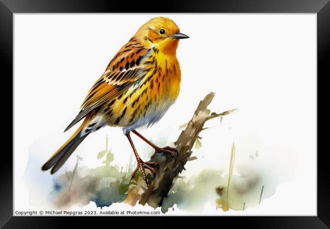 Watercolor painted yellowhammer on a white background. Framed Print by Michael Piepgras