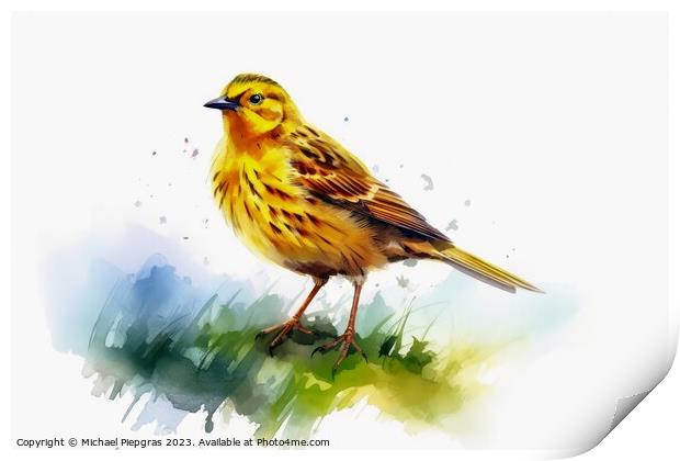 Watercolor painted yellowhammer on a white background. Print by Michael Piepgras
