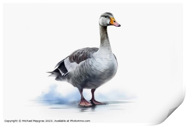 Watercolor painted grey goose on a white background. Print by Michael Piepgras