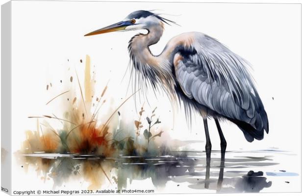 Watercolor painted grey heron on a white background. Canvas Print by Michael Piepgras