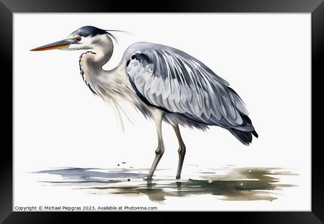 Watercolor painted grey heron on a white background. Framed Print by Michael Piepgras