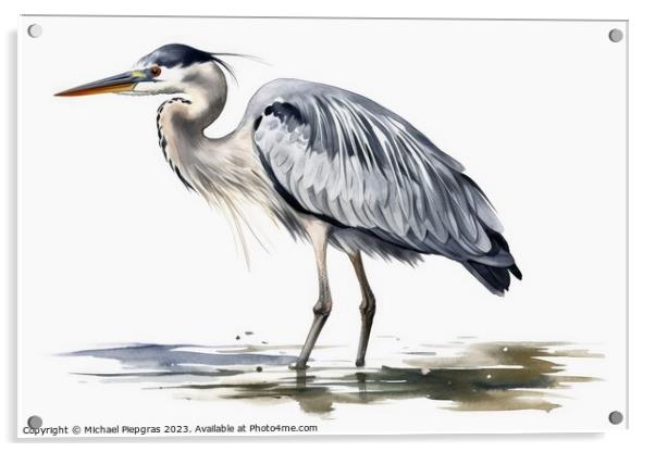 Watercolor painted grey heron on a white background. Acrylic by Michael Piepgras
