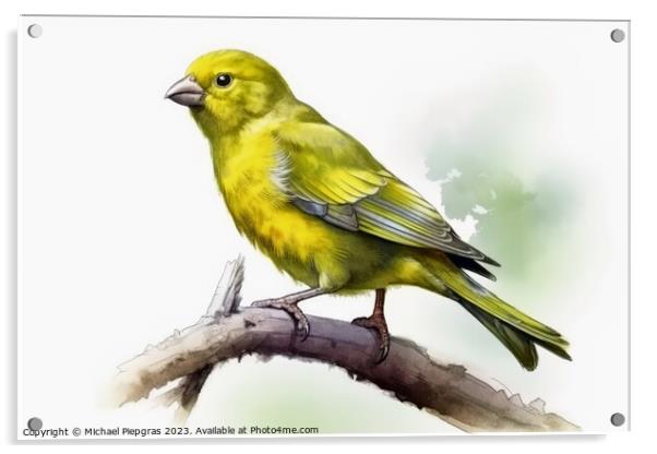 Watercolor painted greenfinch on a white background. Acrylic by Michael Piepgras