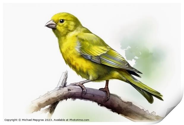 Watercolor painted greenfinch on a white background. Print by Michael Piepgras