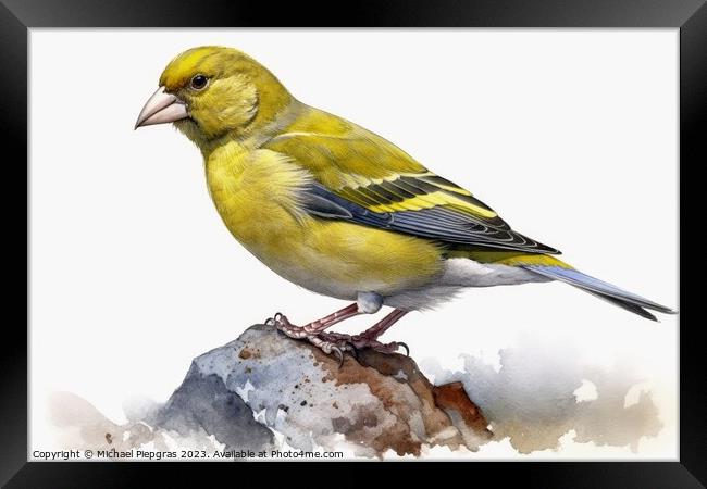 Watercolor painted greenfinch on a white background. Framed Print by Michael Piepgras