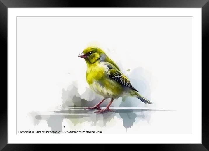 Watercolor painted greenfinch on a white background. Framed Mounted Print by Michael Piepgras