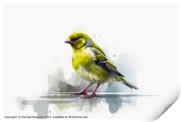 Watercolor painted greenfinch on a white background. Print by Michael Piepgras