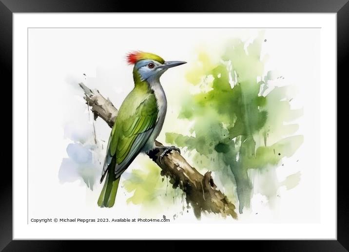 Watercolor painted green woodpecker on a white background. Framed Mounted Print by Michael Piepgras