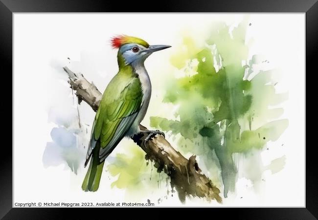 Watercolor painted green woodpecker on a white background. Framed Print by Michael Piepgras