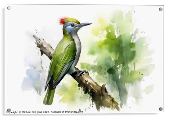 Watercolor painted green woodpecker on a white background. Acrylic by Michael Piepgras