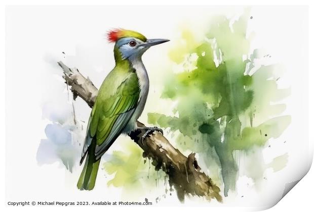 Watercolor painted green woodpecker on a white background. Print by Michael Piepgras