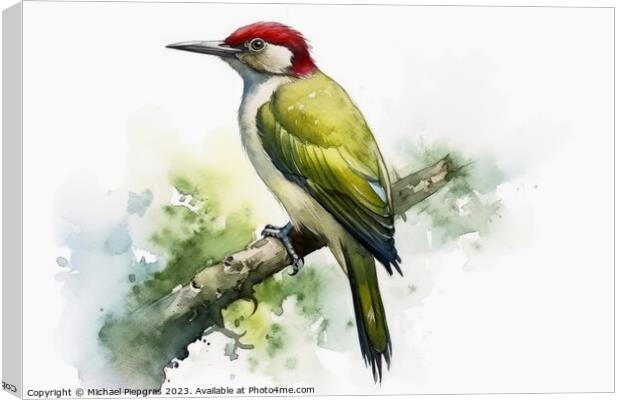 Watercolor painted green woodpecker on a white background. Canvas Print by Michael Piepgras
