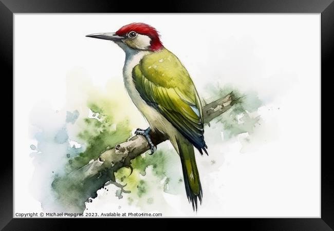 Watercolor painted green woodpecker on a white background. Framed Print by Michael Piepgras