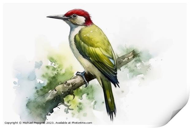 Watercolor painted green woodpecker on a white background. Print by Michael Piepgras