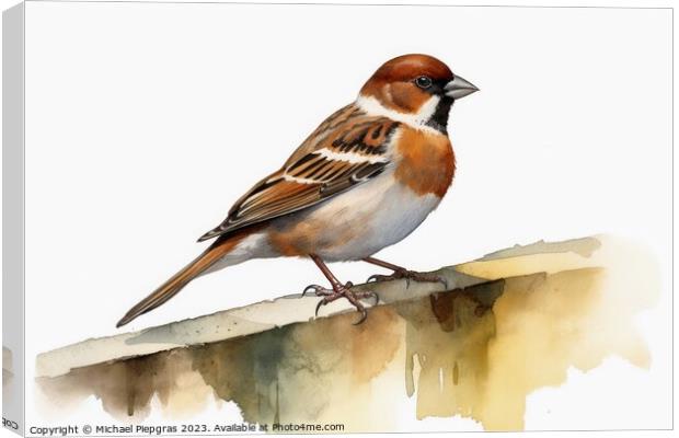 Watercolor painted house sparrow on a white background. Canvas Print by Michael Piepgras