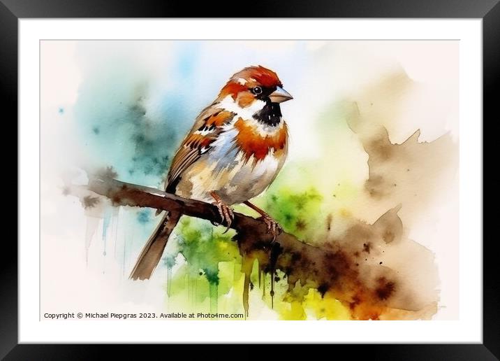 Watercolor painted house sparrow on a white background. Framed Mounted Print by Michael Piepgras