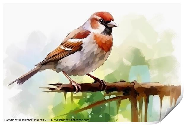 Watercolor painted house sparrow on a white background. Print by Michael Piepgras