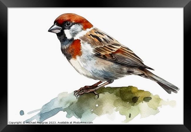 Watercolor painted house sparrow on a white background. Framed Print by Michael Piepgras
