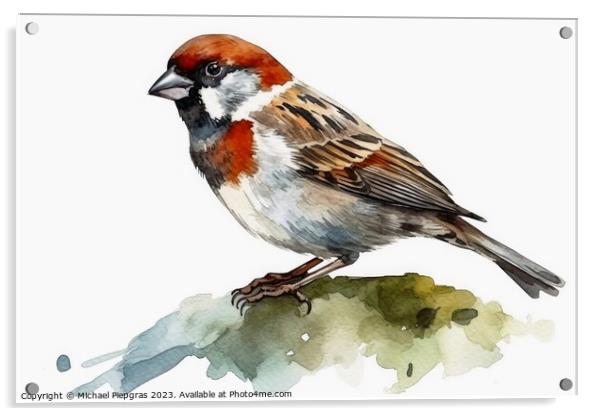 Watercolor painted house sparrow on a white background. Acrylic by Michael Piepgras