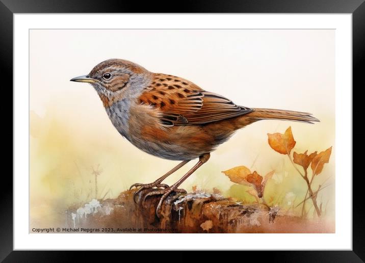 Watercolor painted dunnock on a white background. Framed Mounted Print by Michael Piepgras