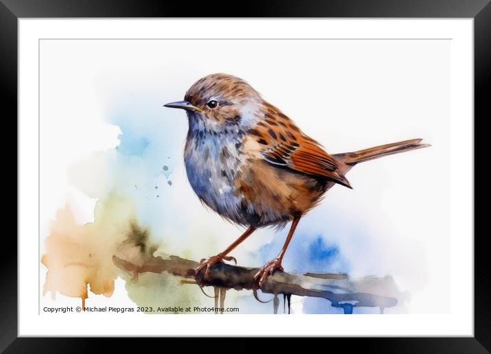 Watercolor painted dunnock on a white background. Framed Mounted Print by Michael Piepgras