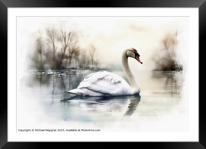 Watercolor painted white swan on a white background. Framed Mounted Print by Michael Piepgras