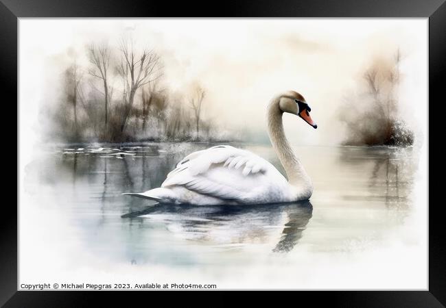 Watercolor painted white swan on a white background. Framed Print by Michael Piepgras