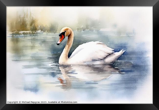 Watercolor painted white swan on a white background. Framed Print by Michael Piepgras