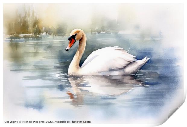 Watercolor painted white swan on a white background. Print by Michael Piepgras