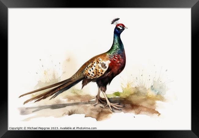 Watercolor painted hunting pheasant on a white background. Framed Print by Michael Piepgras