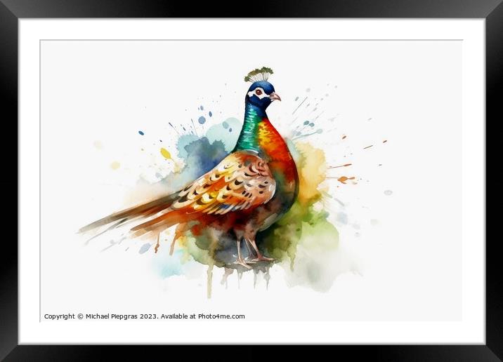 Watercolor painted hunting pheasant on a white background. Framed Mounted Print by Michael Piepgras