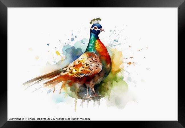 Watercolor painted hunting pheasant on a white background. Framed Print by Michael Piepgras