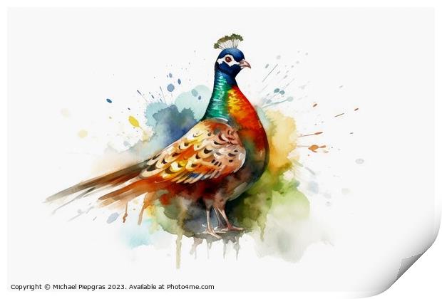 Watercolor painted hunting pheasant on a white background. Print by Michael Piepgras